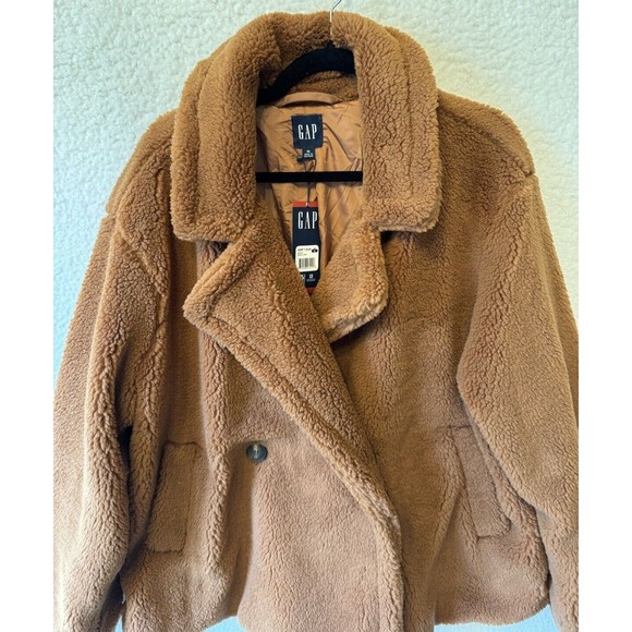 GAP Ladies Sherpa Jacket Brown X Large XL Button Closure Pockets Lined - Picture 5 of 14